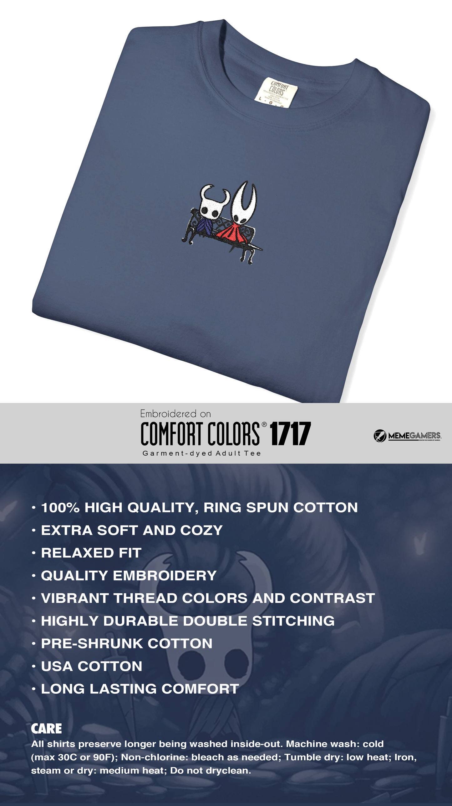 Hollow Knight Embroidered Shirt – Knight & Hornet Bench Tee
