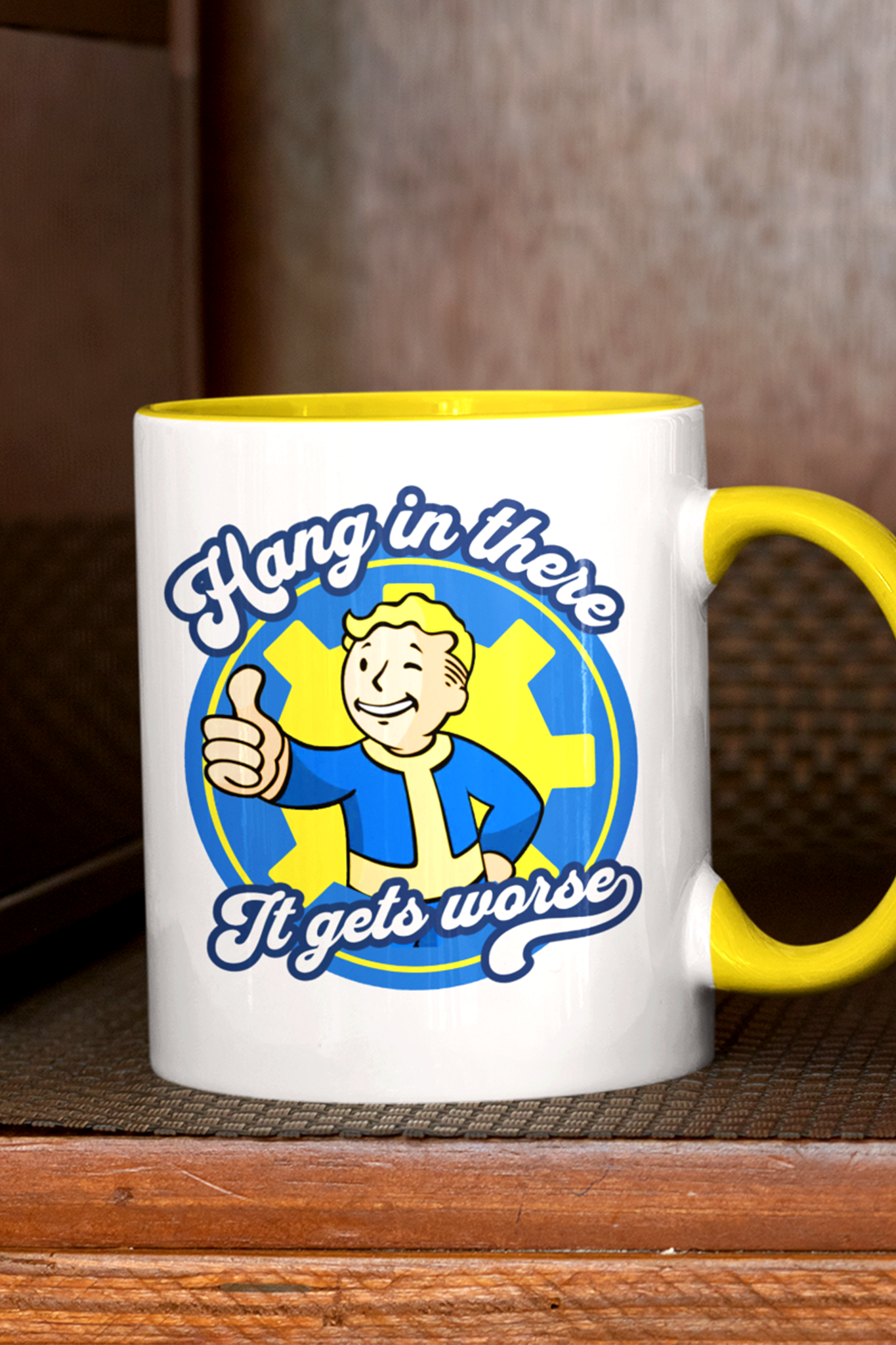 “Hang In There, It Gets Worse” Vault Boy Coffee Cup, 11oz & 15oz