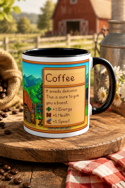 Stardew Coffee - White & Black Mug 11oz, Gamer Cup